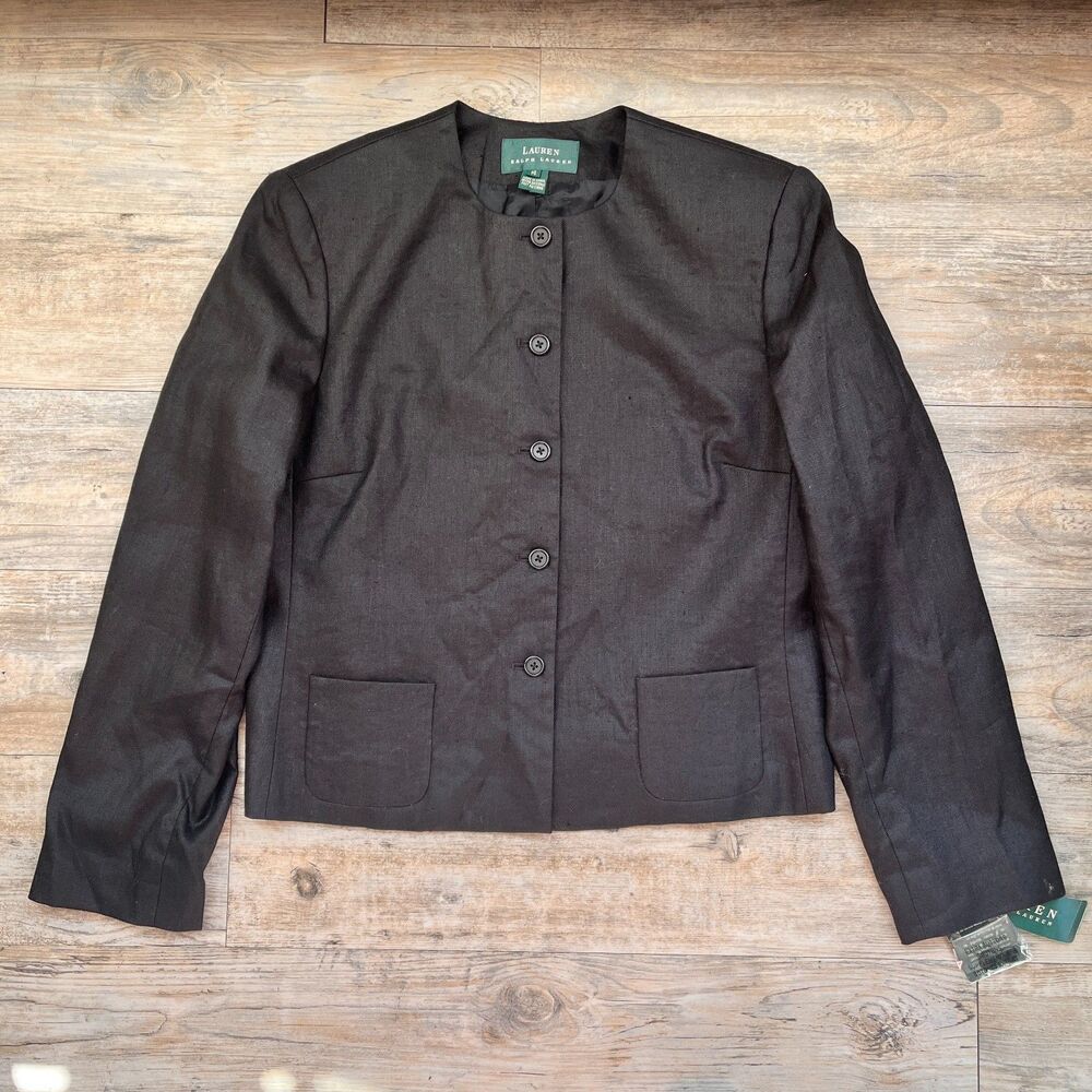 Ralph Lauren Linen Blazer Jacket Black Minimalist Quiet Luxury Size 14 NWT